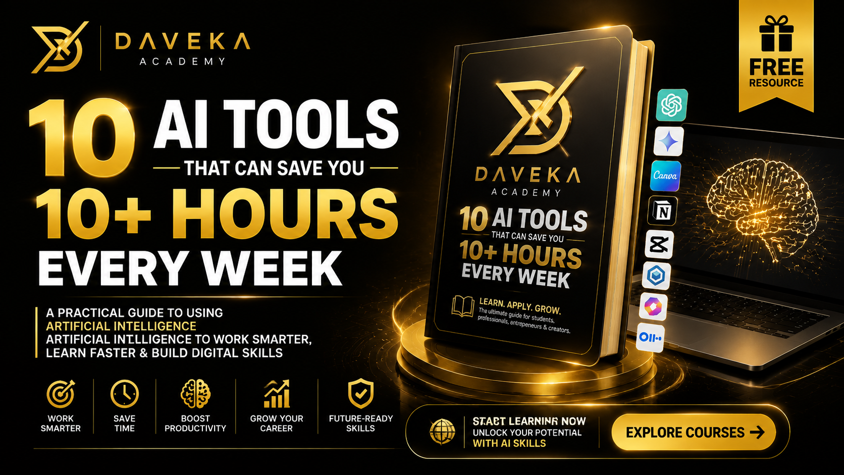 Daveka Academy free guide featuring 10 AI tools that can save you 10+ hours every week